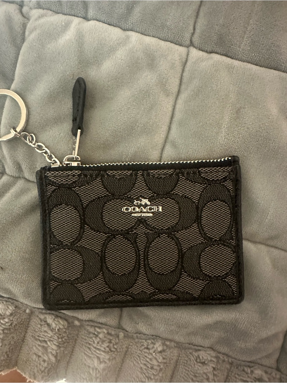 COACH Black Signature Logo Zip Card Case Wallet Coin Purse Keyring